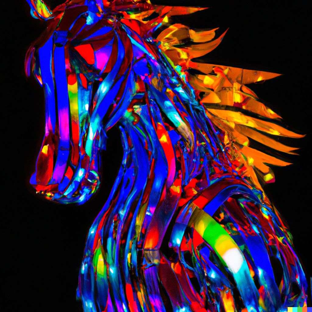 a horse, made from glowing multicolored luminescent sheets of metal, digital art